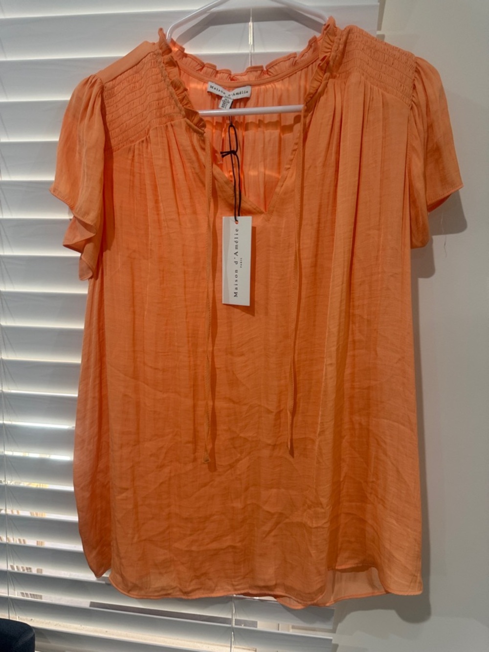 Maison d’Amélie Orange Short-Sleeve Ruffle Neck Blouse
